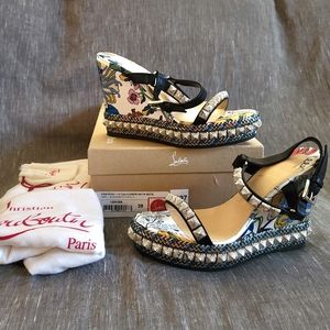 Women's Christian Louboutin Pira Ryad Studded Satin Boya Wedges Size 9